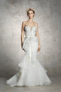 <p>Strapless gown with bow-tie sash and cascading ruffles. (Photo: Courtesy of Marchesa) </p>