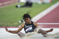 Alyssa Jones competes in the women's long jump during the U.S. track and field championships in Eugene, Ore., Sunday, July 9, 2023. (AP Photo/Ashley Landis)