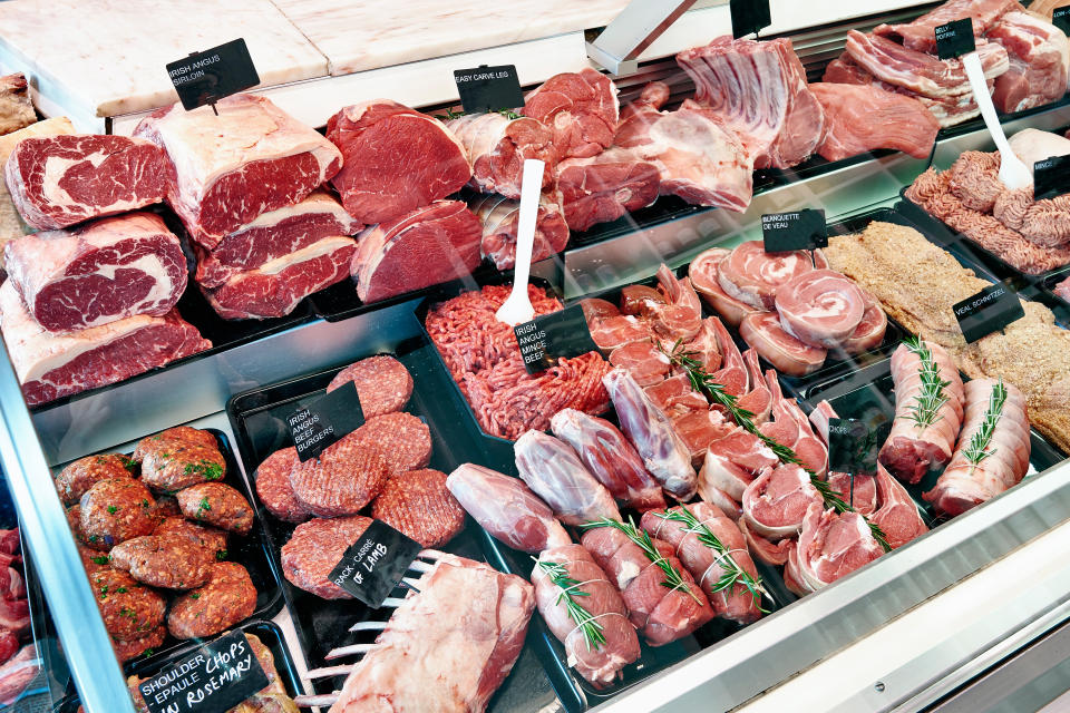 Irish Angus sirloin, burgers and some other kind of meat in the butcher counter