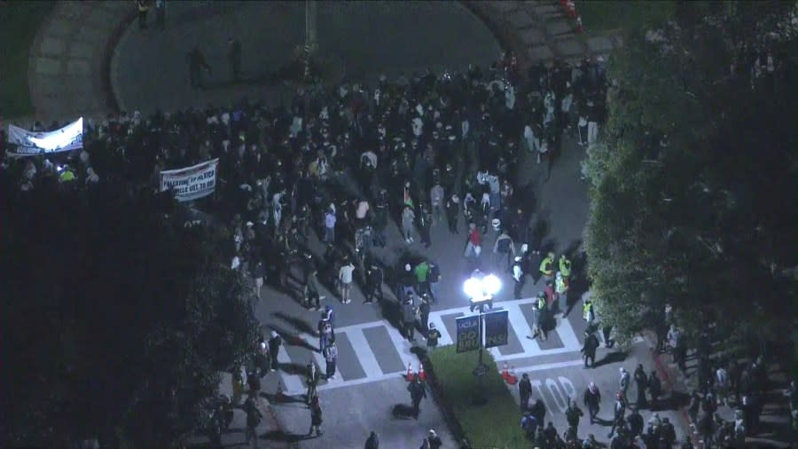 Police officers arrived as a dispersal order was given to a large encampment of pro-Palestinian protestors gathered on the UCLA campus on May 1, 2024. (KTLA)