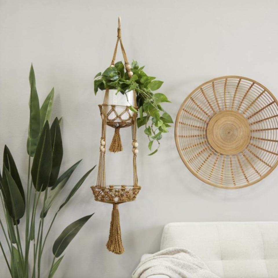 A plant hanging in a macramé planter