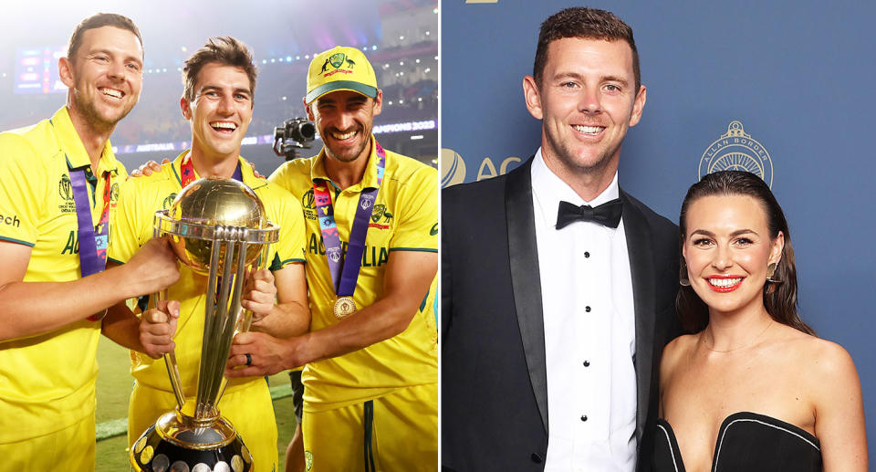 Pictured right is Australia's Cricket World Cup winner Josh Hazlewood with wife, Cherina Murphy-Christian.