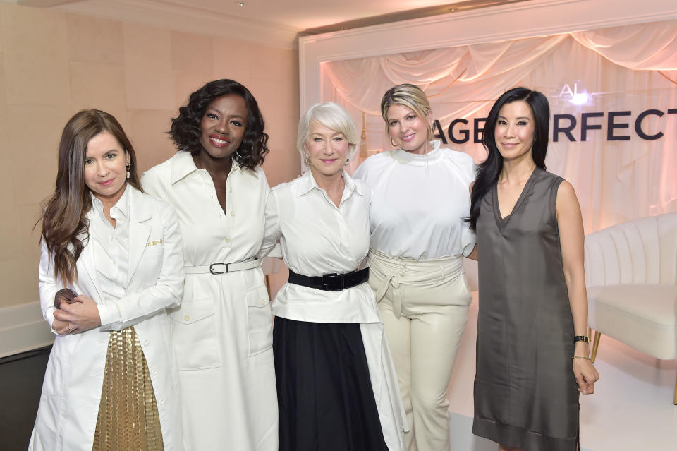 (L-R) Dr. Rocio Rivera, Viola Davis, Helen Mirren, Cara Kamenev and Lisa Ling join LOréal Paris to celebrate the launch of Age Perfect Cosmetics. (Photo by Stefanie Keenan/Getty Images for L'Oréal Paris)