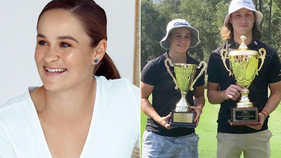 Pictured here, Ash Barty with her trophy for winning the Brookwater women's Golf Club championship.
