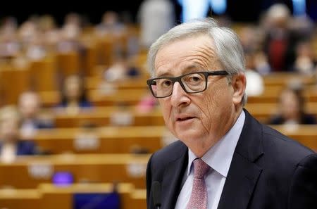 European Commission President Jean-Claude Juncker presents a white paper to the European Parliament on options for shoring up unity once Britain launches its withdrawal process, in Brussels, Belgium, March 1, 2017. REUTERS/Yves Herman