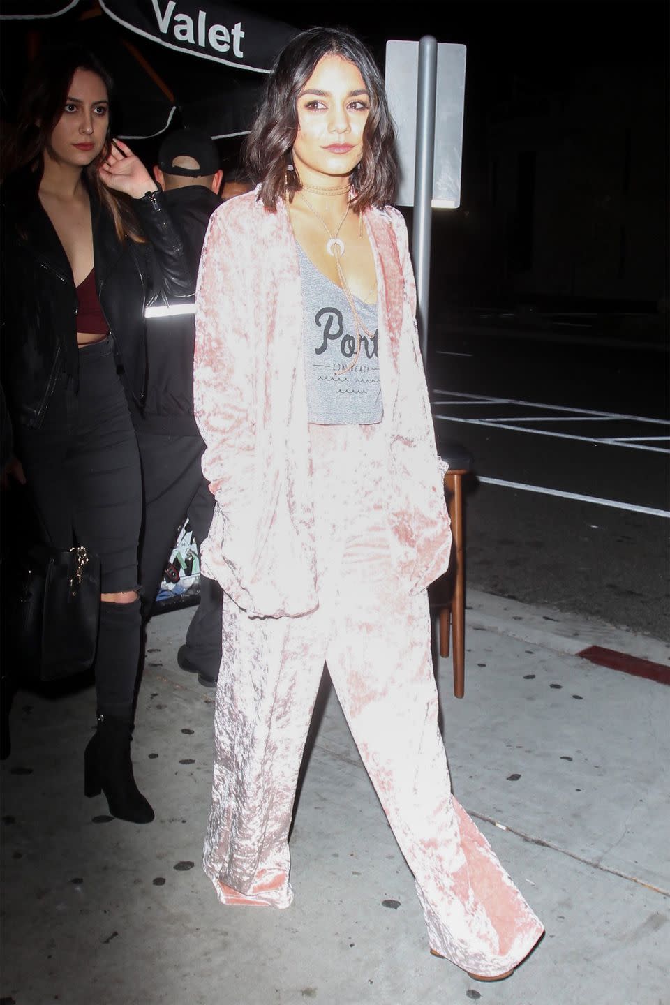 <p><strong>Who:</strong> Vanessa Hudgens</p><p><strong>Affordable Fashion Find: PrettyLittleThing</strong> velvet <a rel="nofollow noopener" href="https://www.prettylittlething.us/marisha-blush-crushed-velvet-blazer.html" target="_blank" data-ylk="slk:blazer;elm:context_link;itc:0;sec:content-canvas" class="link ">blazer</a>, $70, and <a rel="nofollow noopener" href="https://www.prettylittlething.us/marisha-blush-crushed-velvet-wide-leg-trousers.html" target="_blank" data-ylk="slk:pants;elm:context_link;itc:0;sec:content-canvas" class="link ">pants</a>, $31, <a rel="nofollow noopener" href="https://www.prettylittlething.us/marisha-blush-crushed-velvet-blazer.html" target="_blank" data-ylk="slk:prettylittlething.com;elm:context_link;itc:0;sec:content-canvas" class="link ">prettylittlething.com</a>.</p><p><strong>Why We Love It: </strong>Two of the season's biggest trends-velvet and millennial pink-join forces in the form of a chic (and affordable) suit. Hudgens styled the look perfectly by breaking it up with a gray t-shirt. </p>