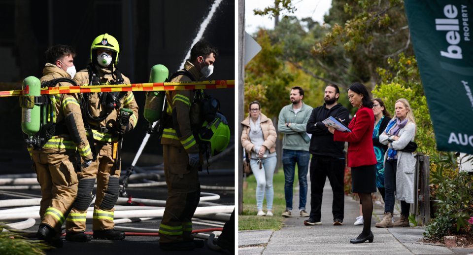 Composite image of Australian firefighters and real estate agent at an auction. Jobs concept.