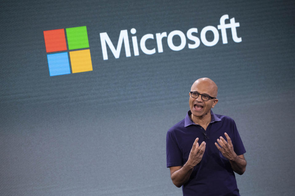 Microsoft CEO Satya Nadella talks during a company event, Wednesday, Oct. 2, 2019 in New York. (AP Photo/Mark Lennihan)