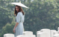 <p>To attend the Kranji War Memorial in Singapore, Kate wore a duck egg blue Jenny Packham dress. She's been spotted wearing several of the designers frocks over the years and has quickly become a favorite of the Duchess.</p>