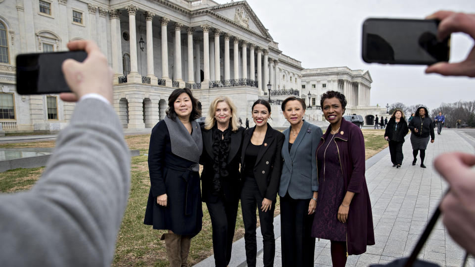 From left, Yvette Clarke, Nydia Velazquez, Alexandria Ocasio-Cortez, Carolyn Maloney and Grace Meng 