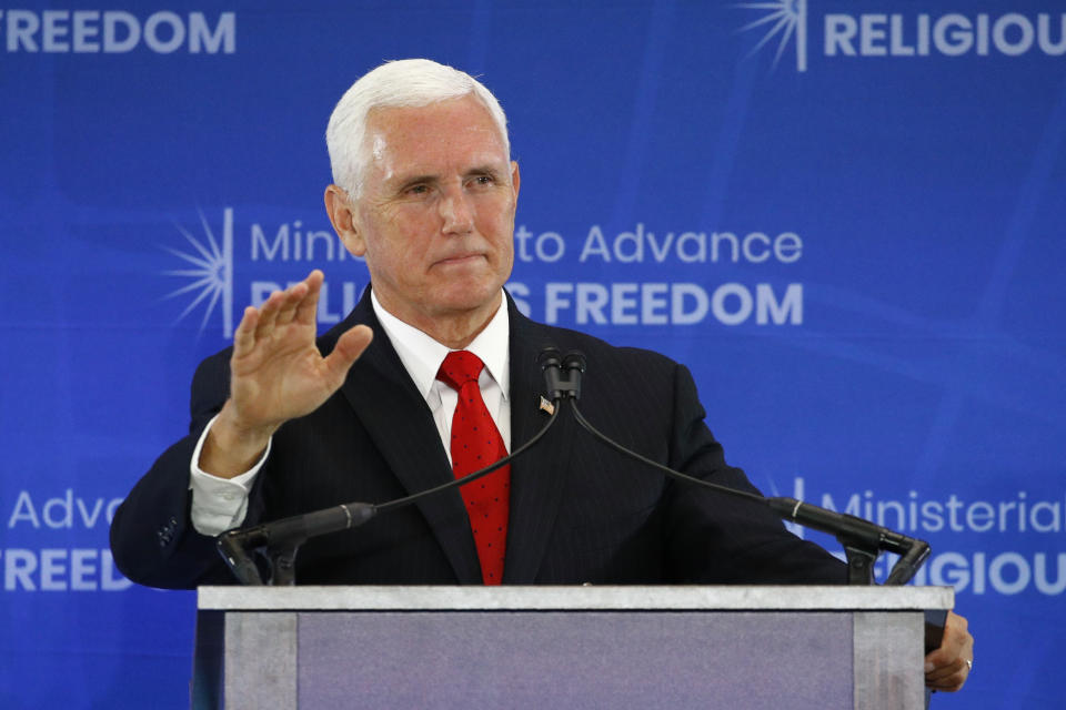 Vice President Mike Pence speaks at the Ministerial to Advance Religious Freedom, Thursday, July 18, 2019, at the U.S. State Department in Washington. (AP Photo/Patrick Semansky)