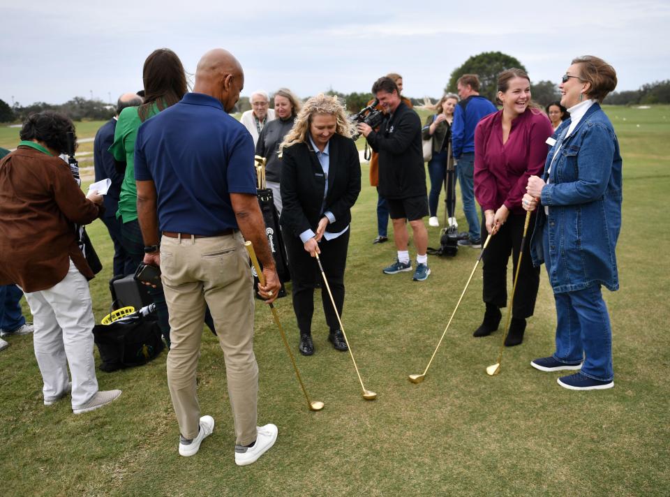From left, Sarasota City Manage Marlon Brown, Vice Mayor Jen Ahern-Koch, Florida House Rep. Fiona McFarland, and Executive Director of the Conservation Foundation of the Gulf Coast, Christine Johnson, prepare for the ceremonial first tee shot. The City of Sarasota held a grand re-opening ceremony Friday, Dec. 15, 2023 for the Bobby Jones Golf Club and Nature Park.