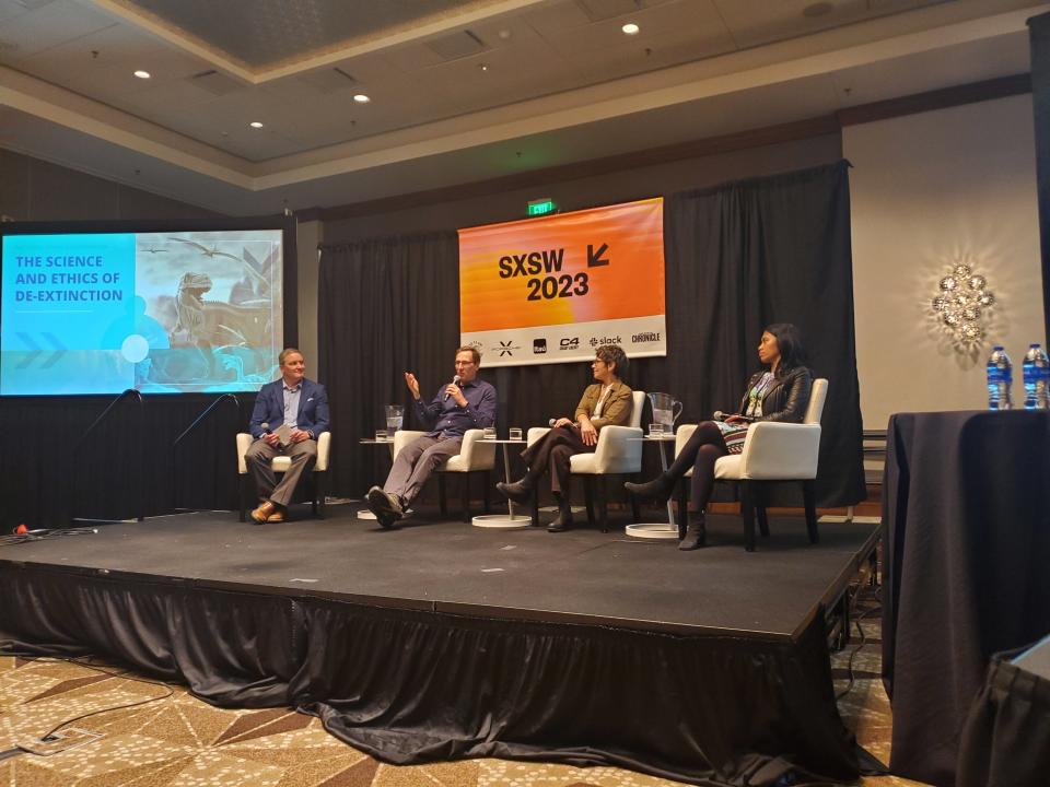 Experts discussed de-extinction, or bringing back extinct species, during South by Southwest. From left to right are Nathan Smith of the Las Angeles Natural History Museum, Jason Delborne of North Carolina State University, Beth Shapiro of University of California at Santa Cruz and Mairin Balisi of the Raymond M. Alf Museum of Paleontology.