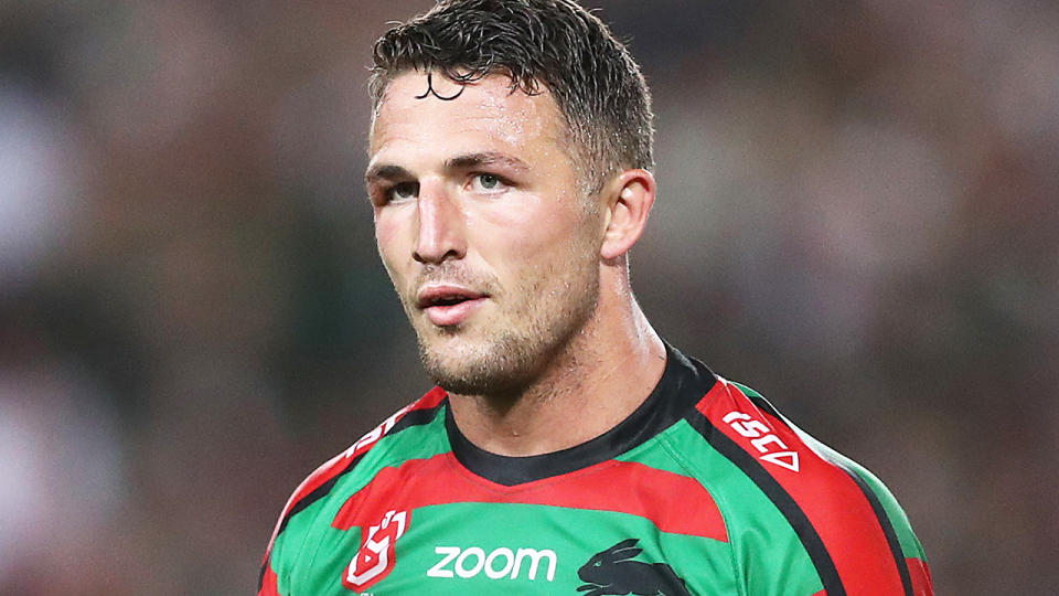 Sam Burgess is pictured playing for the NRL's South Sydney Rabbitohs.