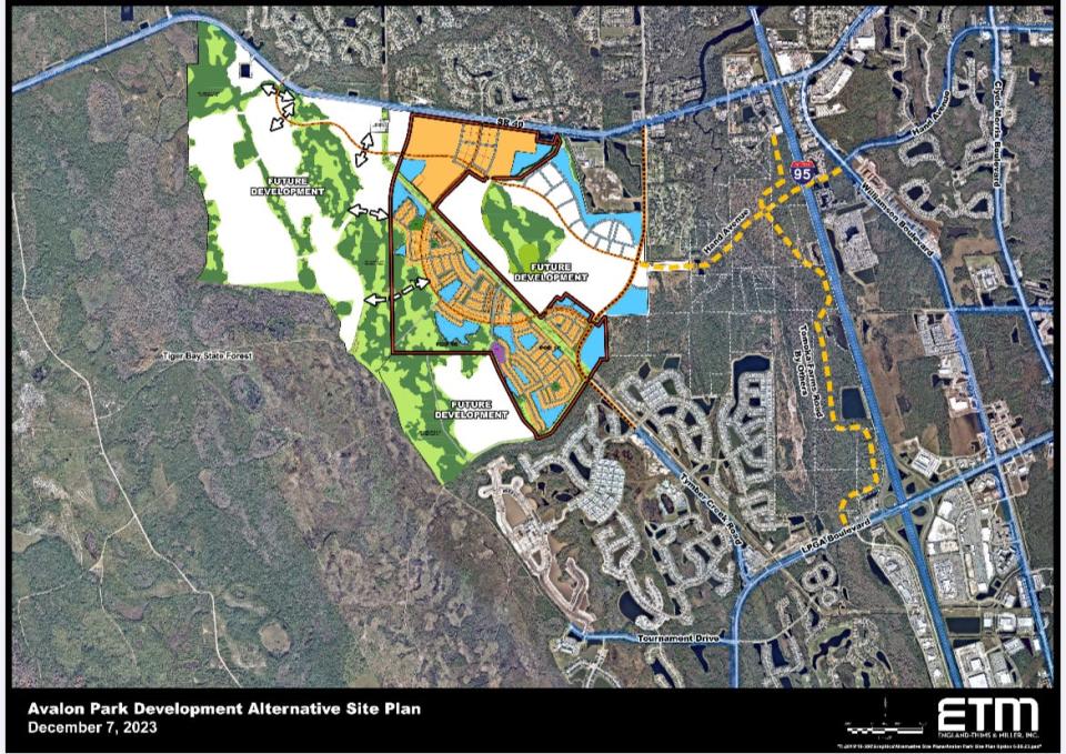 This is a site map for the Avalon Park Daytona Beach mixed-use development along the south side of State Road 40/West Granada Boulevard, a mile west of Interstate 95, on Friday, Jan. 19, 2024. The Orlando-based developers hope to break ground on the first phase in 2025 across from the entrance to Ormond Beach's Breakaway Trails community. It would have 1,609 residential units and 90,000 square feet of commercial space.