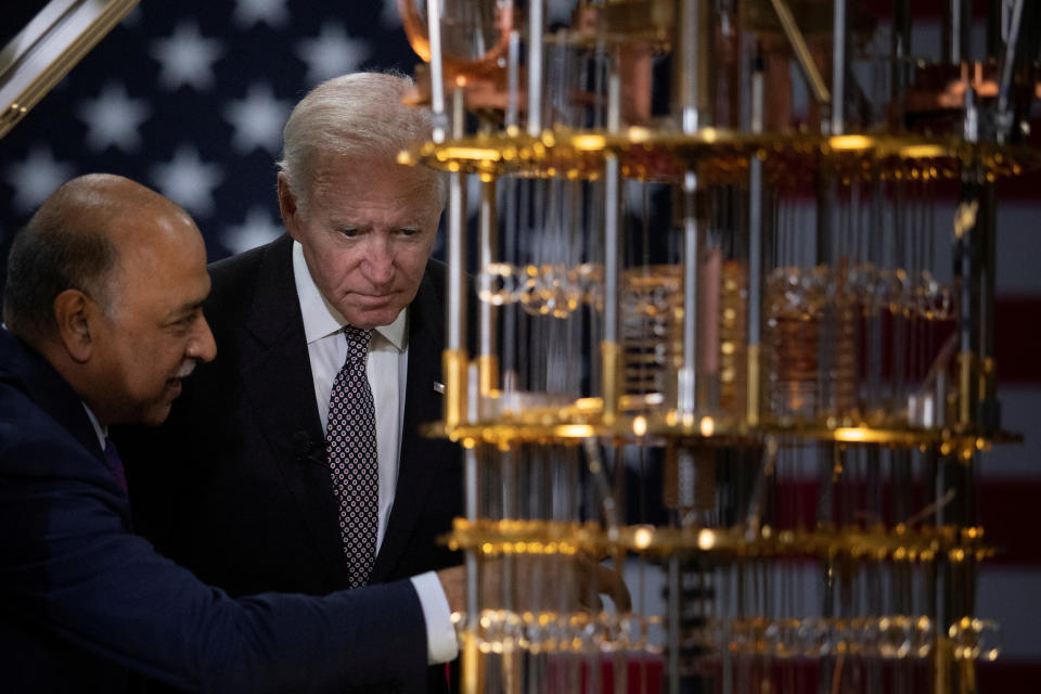 U.S. President Joe Biden participates in a tour of IBM with CEO Arvind Krishna and New York Governor Kathy Hochul, not pictured, in Poughkeepsie, New York, U.S., October 6, 2022. REUTERS/Tom Brenner