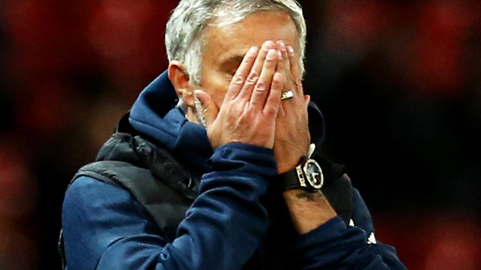 Jose Mourinho reacts during the Carabao Cup match between Manchester United and Derby County. (Photo by Jan Kruger/Getty Images)