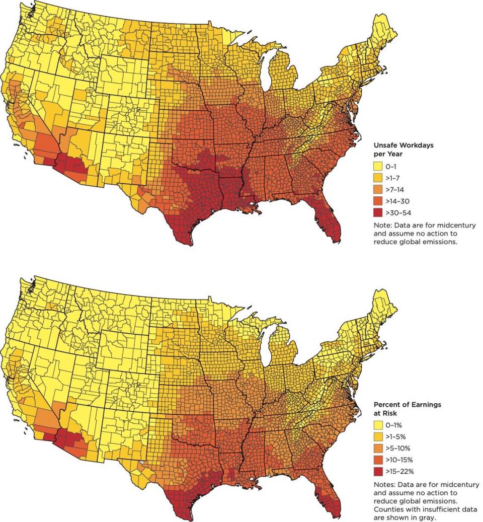 As heat and humidity rise, the CDC recommends that employers provide more work breaks to avoid heat-related illness. However, reductions in work time would translate into losses in workdays (top map) and put workers’ earnings at risk (bottom). Florida, especially South Florida, ranks highly on both maps.