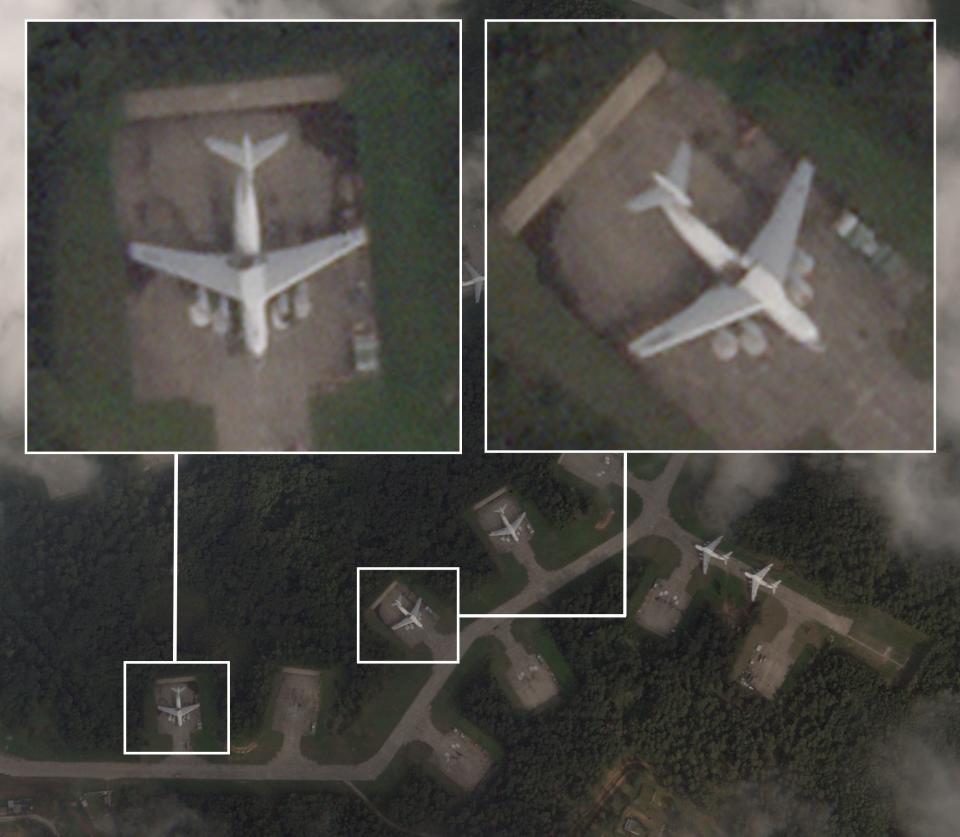 Two Russian IL-76 Candid transport jets show damage where the wings meet the fuselage during a Ukrainian drone attack on Kresty Air Base in Pskov, Russia. This is the image taken earlier this morning that had cloud cover obscuring much of the base. <em>PHOTO © 2023 PLANET LABS INC. ALL RIGHTS RESERVED. REPRINTED BY PERMISSION</em>