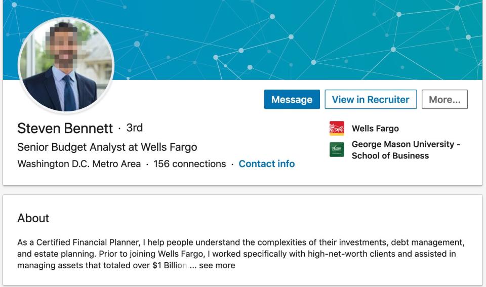 Steven Bennett: Not actually a Wells Fargo employee, a CFP, or a person connected to George Washington University's business school. (Photo: LinkedIn)