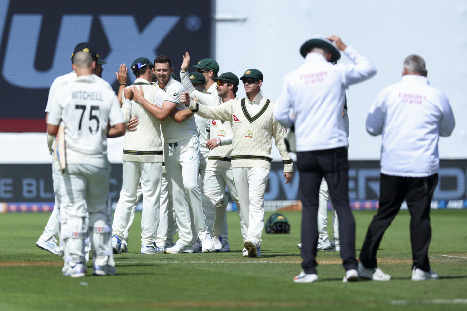 WELLINGTON, NEW ZEALAND - MARCH 03: Australia celebrate the win during day four of the First Test in the series between New Zealand and Australia at Basin Reserve on March 03, 2024 in Wellington, New Zealand. (Photo by Hagen Hopkins/Getty Images)