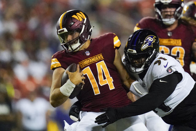 Baltimore Ravens wide receiver Shemar Bridges (85) runs during an NFL  preseason football game against the Washington Commanders, Monday, August  21, 2023 in Landover. (AP Photo/Daniel Kucin Jr Stock Photo - Alamy