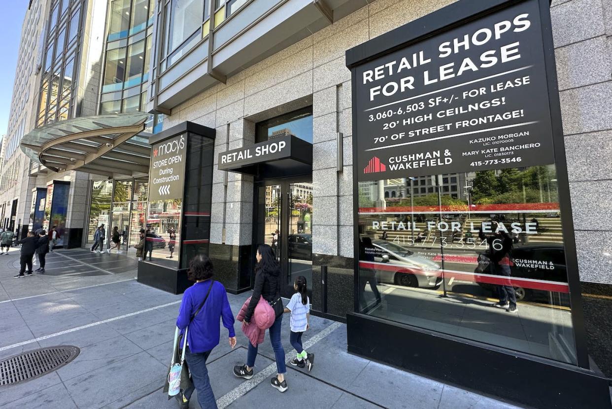 A sign advertises retail spaces for lease at Union Square in San Francisco on June 21, 2023. <a href="https://newsroom.ap.org/detail/SanFranciscoDowntownRetailingWoes/60ec81b9b8aa4787869fe1284d6d2303/photo" rel="nofollow noopener" target="_blank" data-ylk="slk:AP Photo/Eric Risberg;elm:context_link;itc:0;sec:content-canvas" class="link ">AP Photo/Eric Risberg</a>