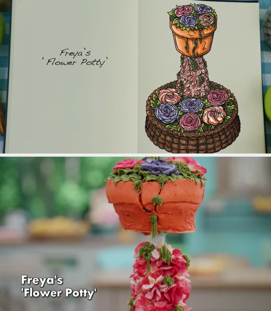 Freya's anti-gravity cake decorated to look like a flower pot side by side with its drawing
