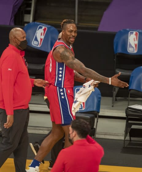 76ers center Dwight Howard argues after he is ejected from the Lakers game Thursday at Staples Center.