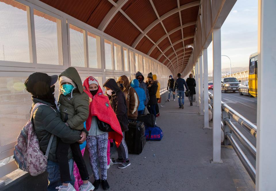 Migrants from Honduras, Guatemala, Cuba and Mexico, arrive early on the morning of February 26, 2021 at the Paso Del Norte bridge in Cuidad Juarez, Mexico in hopes of entering the U.S. to seek asylum. Some had been waiting for over two years under MPP. 