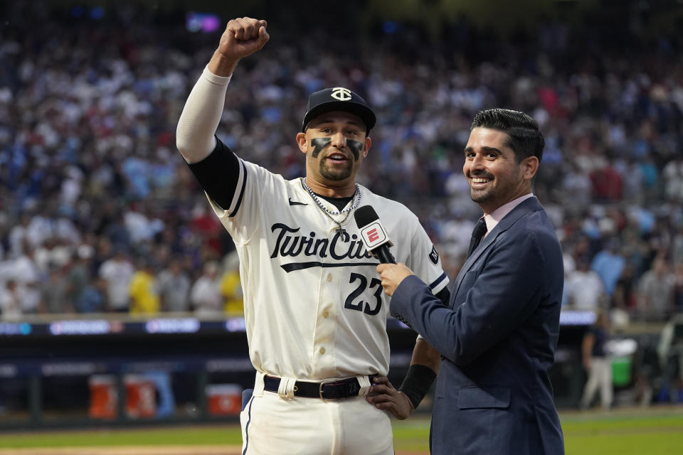 Minnesota Twins' Royce Lewis celebrates as he is interviewed after a 3-1 win over the Toronto Blue Jays in Game 1 of an AL wild-card baseball playoff series Tuesday, Oct. 3, 2023, in Minneapolis. (AP Photo/Abbie Parr)