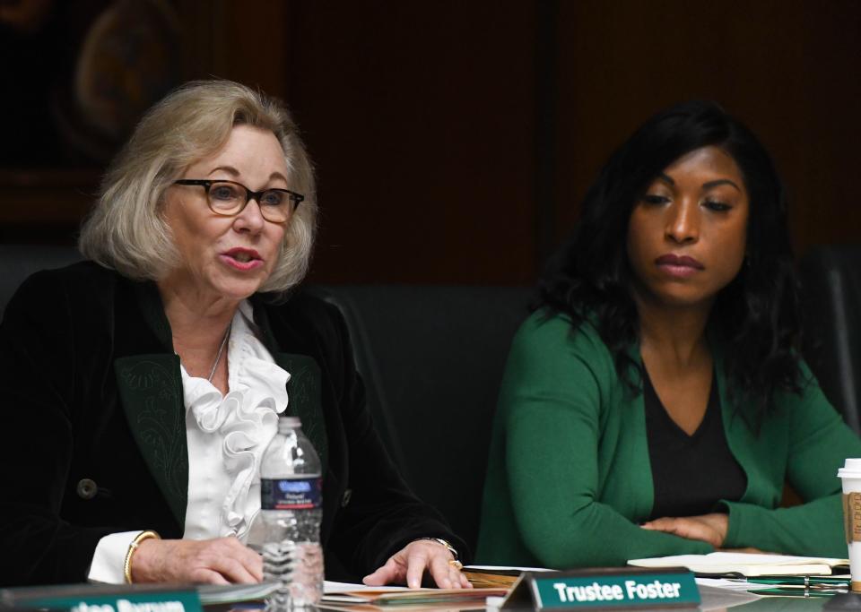 Former MSU Board of Trustees member Melanie Foster, left, pictured next to Trustee Briana Scott, Friday, Dec. 16, 2022, during a Board of Trustees meeting at the Hannah Administration Building.