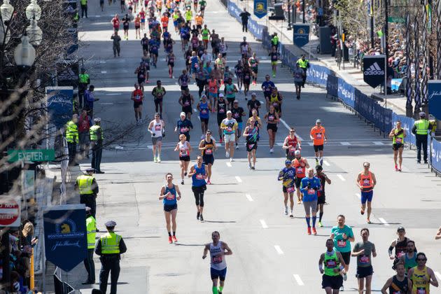 Athletes compete in the Boston Marathon on April 18, 2022. Organizers of next year’s Boston Marathon announced that nonbinary athletes will be allowed to run without having to register as members of the men’s or women’s divisions. (Photo: Lauren Owens Lambert/Anadolu Agency via Getty Images)