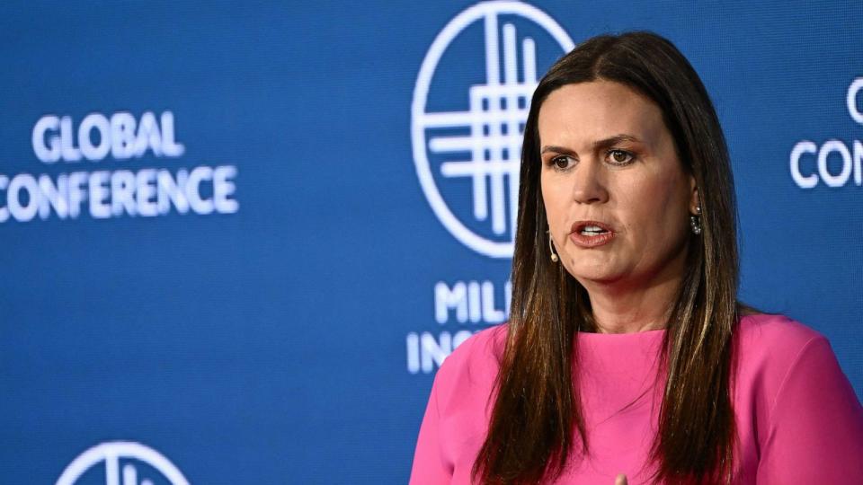 PHOTO: Sarah Huckabee Sanders, Governor of Arkansas, speaks during the Milken Institute Global Conference in Beverly Hills, Calif., May 2, 2023. (Patrick T. Fallon/AFP via Getty Images)