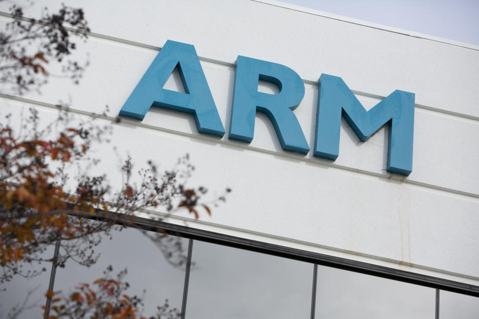 A logo sign outside an office building occupied by ARM Holdings plc, in San Jose, California on December 7, 2014. Photo Credit: Kristoffer Tripplaar/ Sipa USA *** Please Use Credit from Credit Field ***