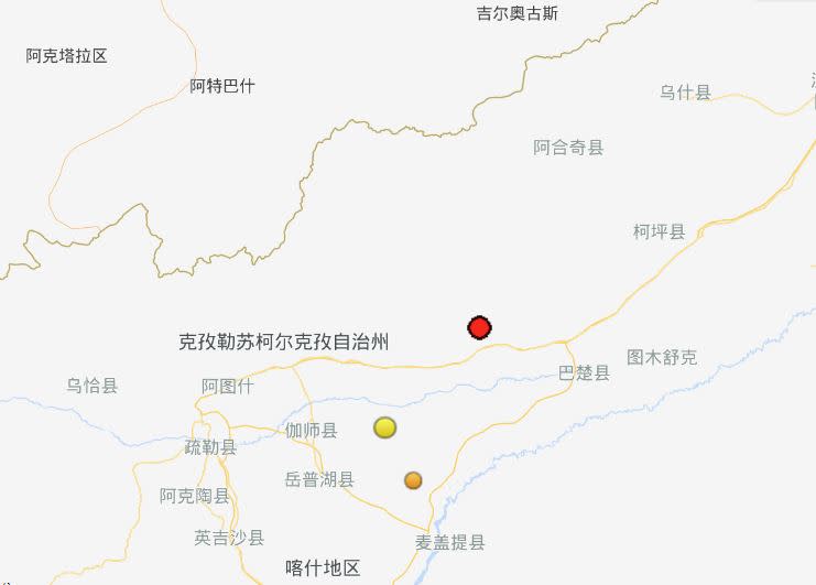 新疆克孜勒蘇柯爾克孜自治州的阿圖什市19日上午9時46分發生規模5.5地震（紅點處）。（圖取自中國地震台網中心網站）