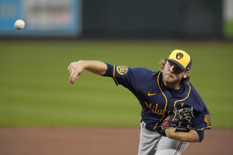 Milwaukee Brewers starting pitcher Corbin Burnes throws during the first inning of a baseball game against the St. Louis Cardinals Thursday, Sept. 24, 2020, in St. Louis. (AP Photo/Jeff Roberson)