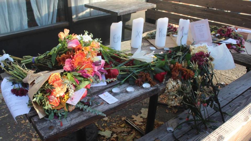 Candles, flowers and notes left at a memorial honoring the four slain University of Idaho students outside the Mad Greek restaurant in downtown Moscow on Nov. 15, 2022. Two of the victims worked at Mad Greek.