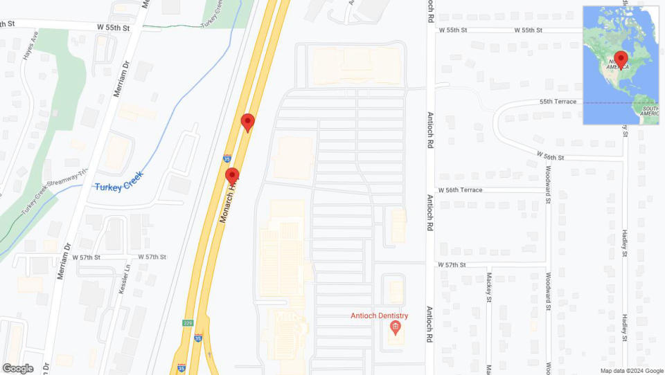 A detailed map that shows the affected road due to 'Broken down vehicle on northbound I-35 in Merriam' on July 29th at 4:34 p.m.