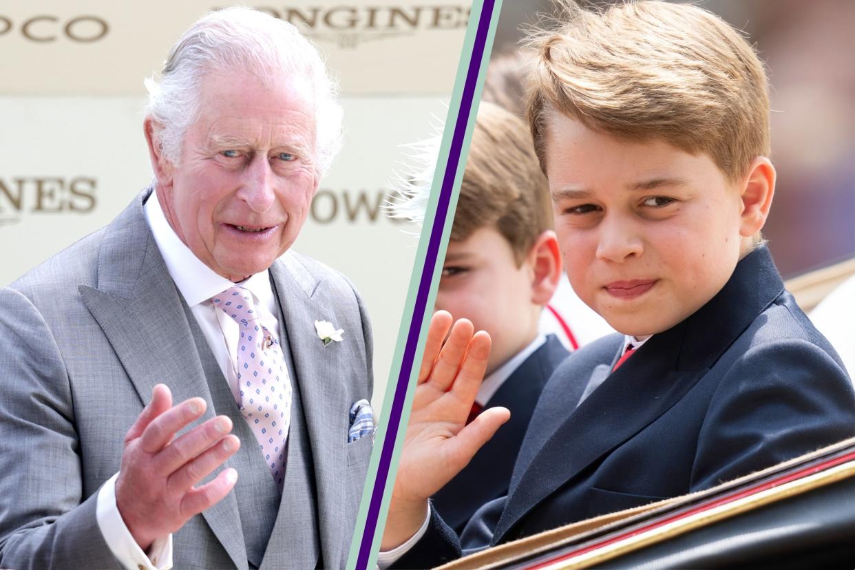  King Charles portrait and split layout with close up of Prince George. 