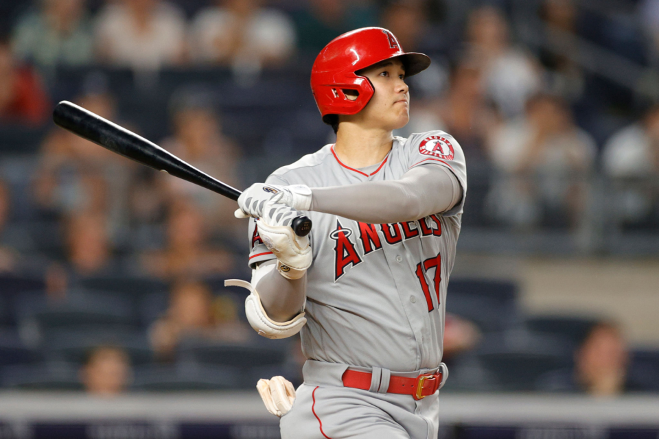 Shohei Ohtani of the Angels hits a two-run home run against the New York Yankees on June 29 2021.