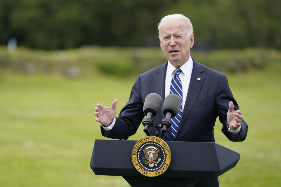 President Joe Biden speaks about his administration's global COVID-19 vaccination efforts ahead of the G-7 summit, Thursday, June 10, 2021, in St. Ives, England. (AP Photo/Patrick Semansky)