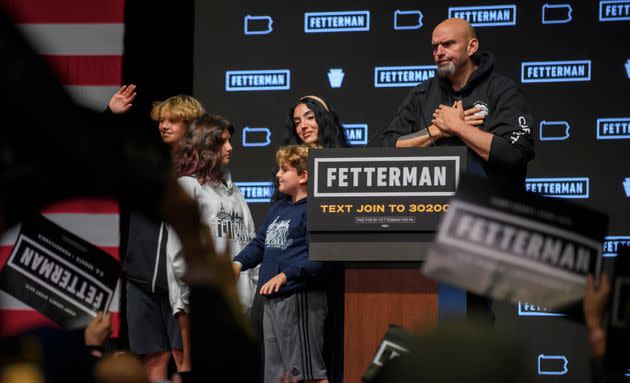 Democratic Senate candidate John Fetterman speaks to supporters with his family during an election night party at StageAE on November 9, 2022 in Pittsburgh, Pennsylvania. Fetterman defeated Republican Senate candidate Dr. Mehmet Oz. (Photo by Jeff Swensen/Getty Images) (Photo: Jeff Swensen via Getty Images)