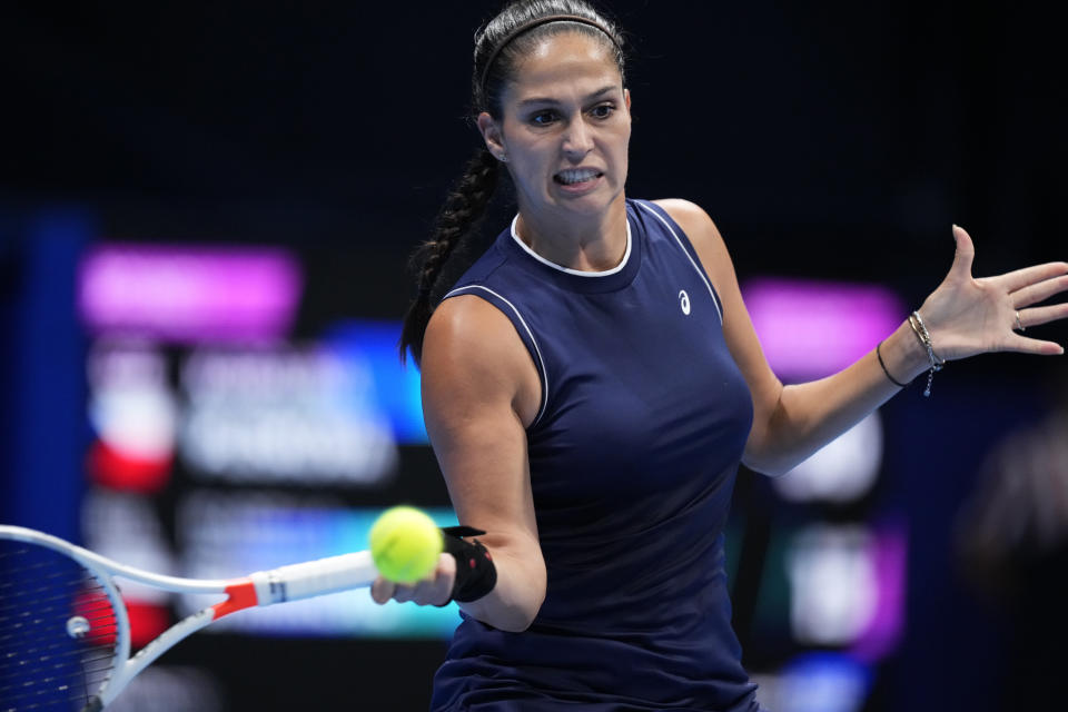 Isabella Shinikova of Bulgaria returns a shot against Karolina Pliskova of the Czech Republic during a singles match in the Pan Pacific Open tennis tournament in Tokyo, Tuesday, Sept. 20, 2022. (AP Photo/Hiro Komae)