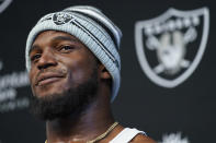 Las Vegas Raiders linebacker Denzel Perryman speaks during a news conference at the NFL football team's practice facility Thursday, May 26, 2022, in Henderson, Nev. (AP Photo/John Locher)