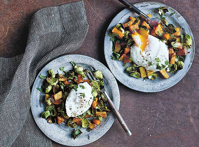 Roasted Pumpkin and Brussels Sprouts with Poached Eggs