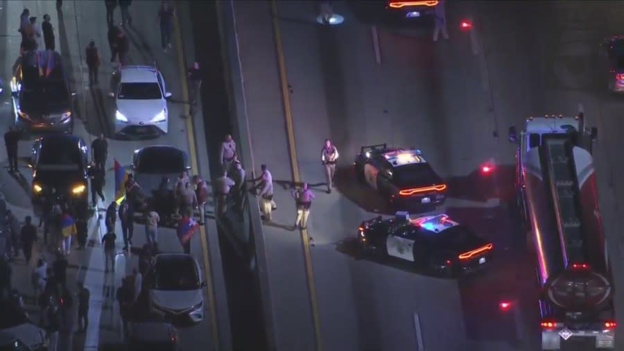 Demonstrators shut down the 101 Freeway calling attention to the ongoing crisis between Armenia and Azerbaijan on Sept. 19, 2023. (KTLA)