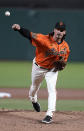 San Francisco Giants pitcher Jeff Samardzija works against the San Diego Padres during the first inning of the second game of a baseball doubleheader Friday, Sept. 25, 2020, in San Francisco. (AP Photo/Tony Avelar)