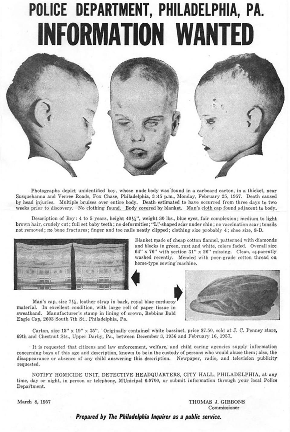 A 1957 police bulletin requesting information in the case of "America's Unknown Child," a body found February 25, 1957 in a box in a thicket in Fox Chase, Philadelphia, P.A. (AP Photo)