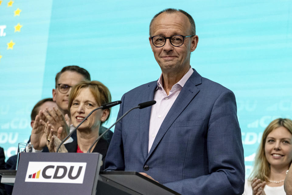 Friedrich Merz, Federal Chairman of the CDU, speaks after the first projections at a press conference in the Konrad Adenauer House, in Berlin, Sunday June 9, 2024. (Fabian Sommer/dpa via AP)